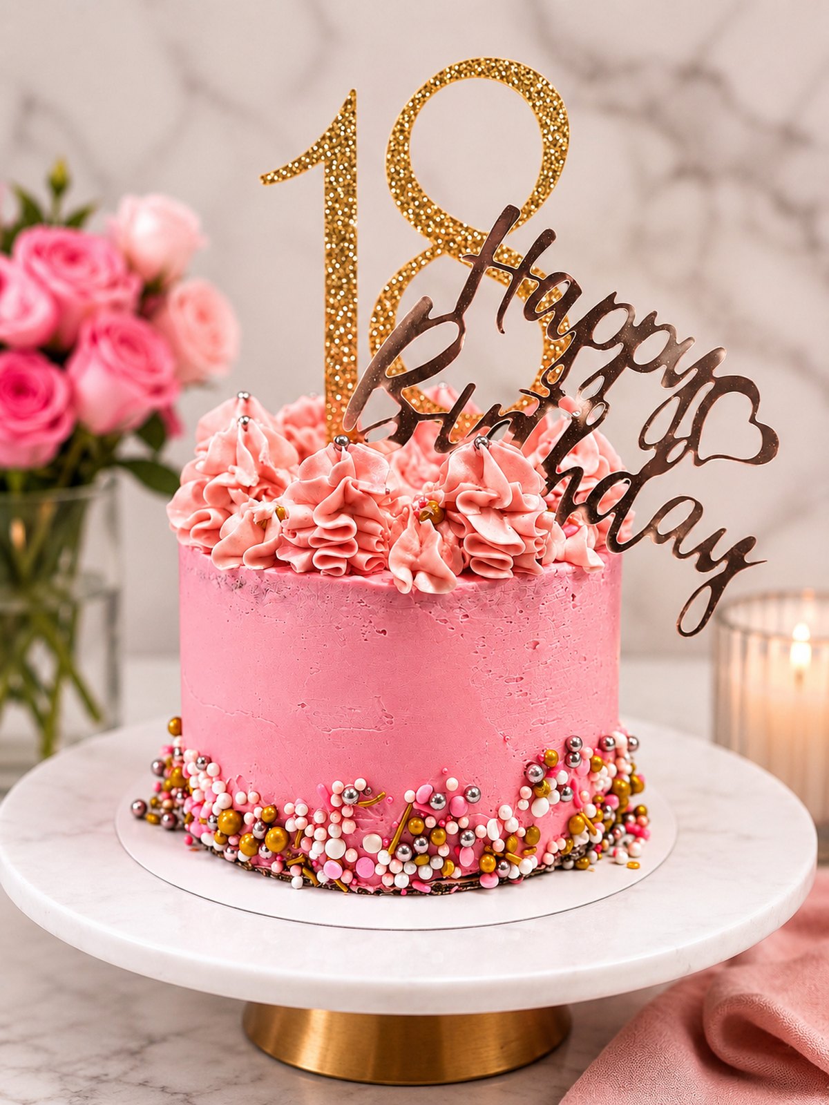 Pink buttercream 18th birthday cake with ruffled rosettes, gold glitter topper and a border of pink, white and gold sprinkles