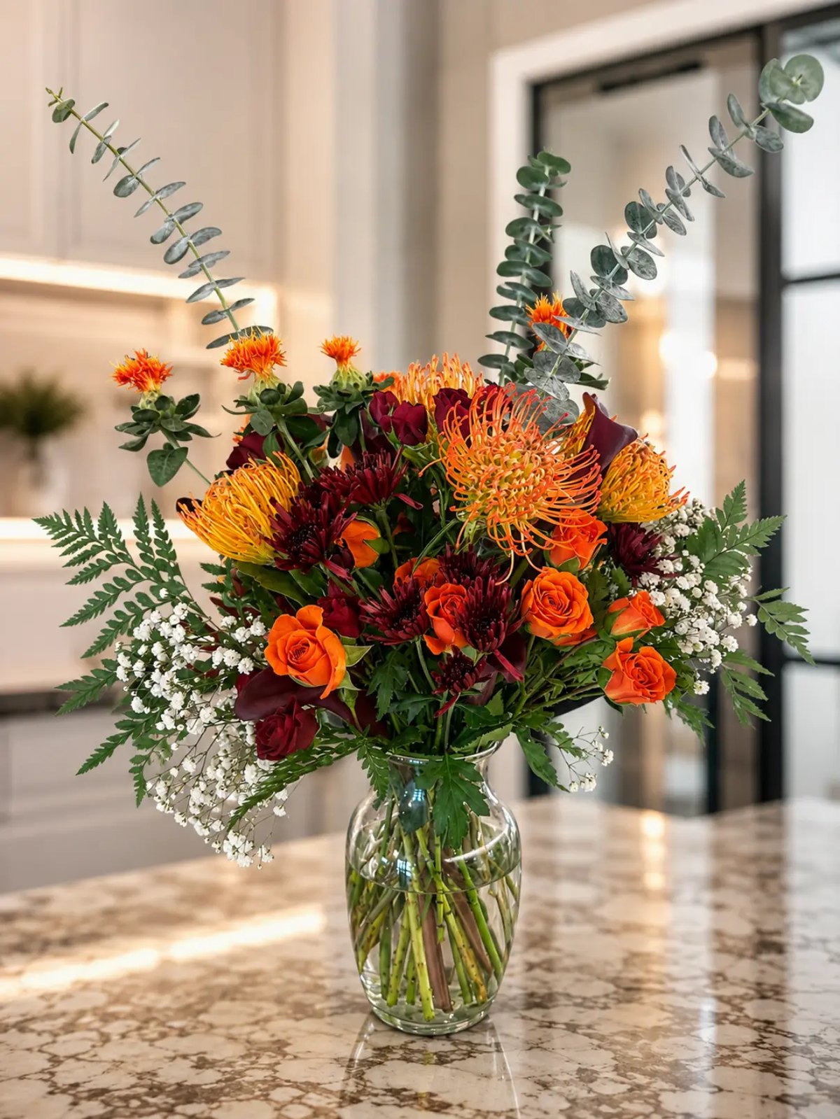 Autumn event arrangement of orange pincushion protea, burgundy mums, roses and eucalyptus in a glass vase on marble