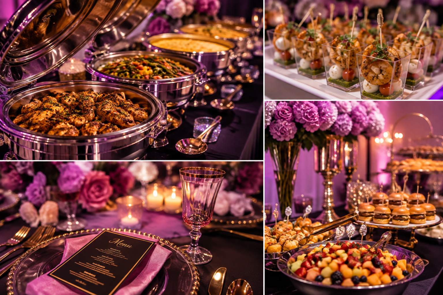 Luxury catering collage featuring silver chafing dishes, passed hors d'oeuvres, elegant place settings and a dessert display with purple and gold accents