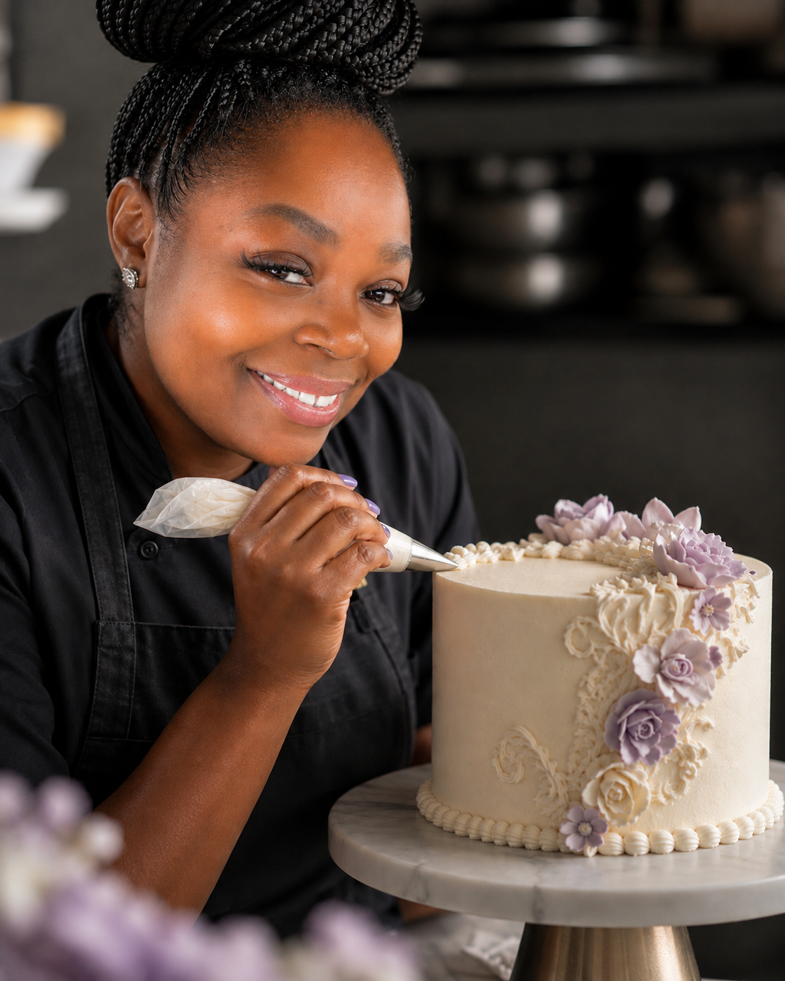 Black pastry chef piping delicate lavender sugar flowers onto an ivory cake
