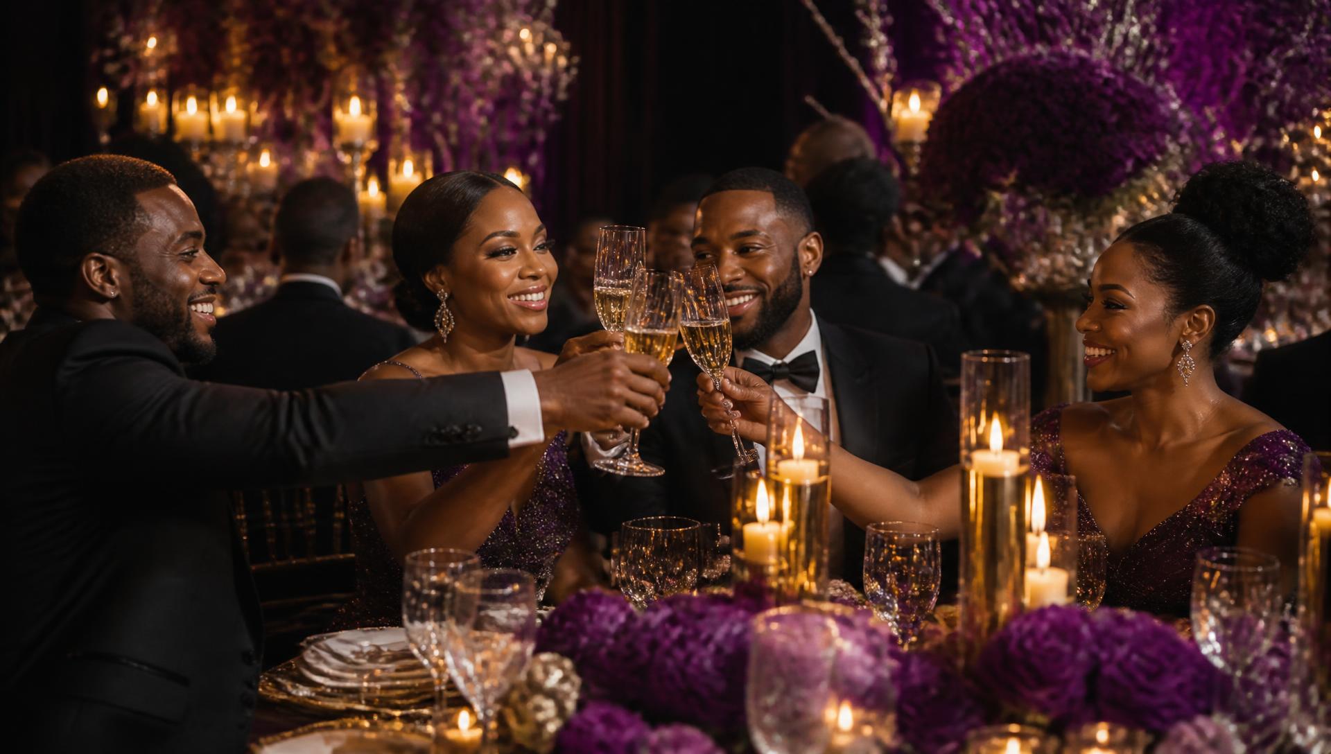 Elegant Black guests raising crystal flutes in a champagne toast at a candlelit black-tie celebration