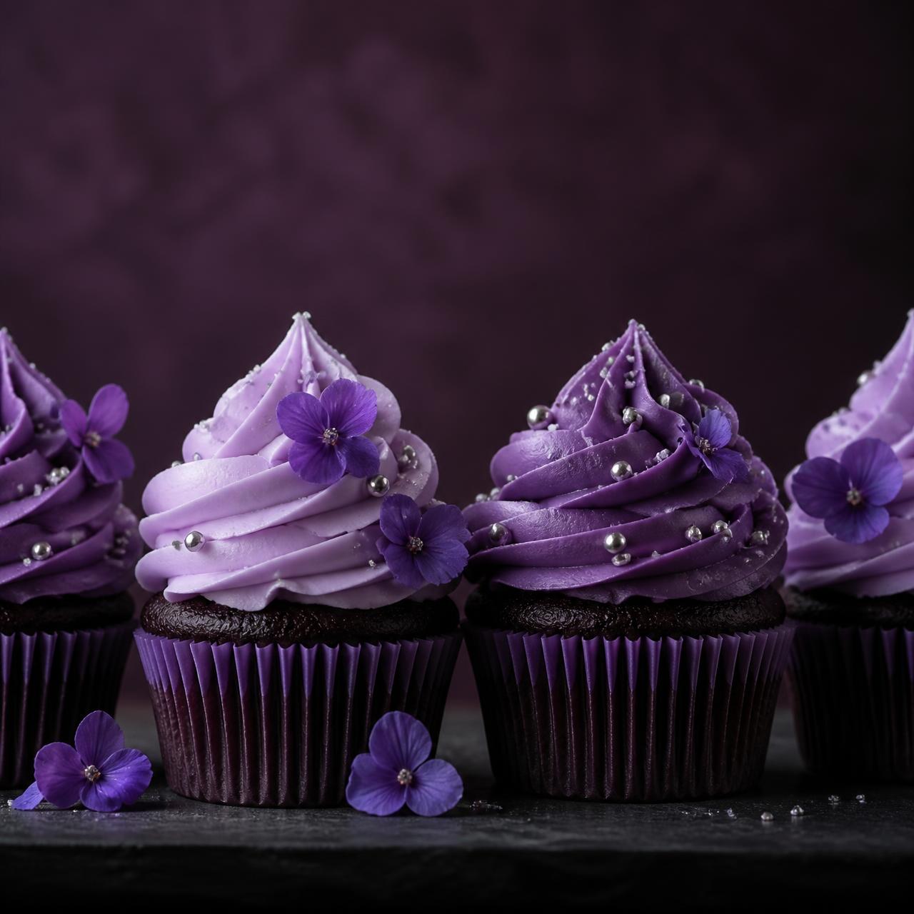Gourmet cupcakes with lavender and deep purple buttercream and sugar violets