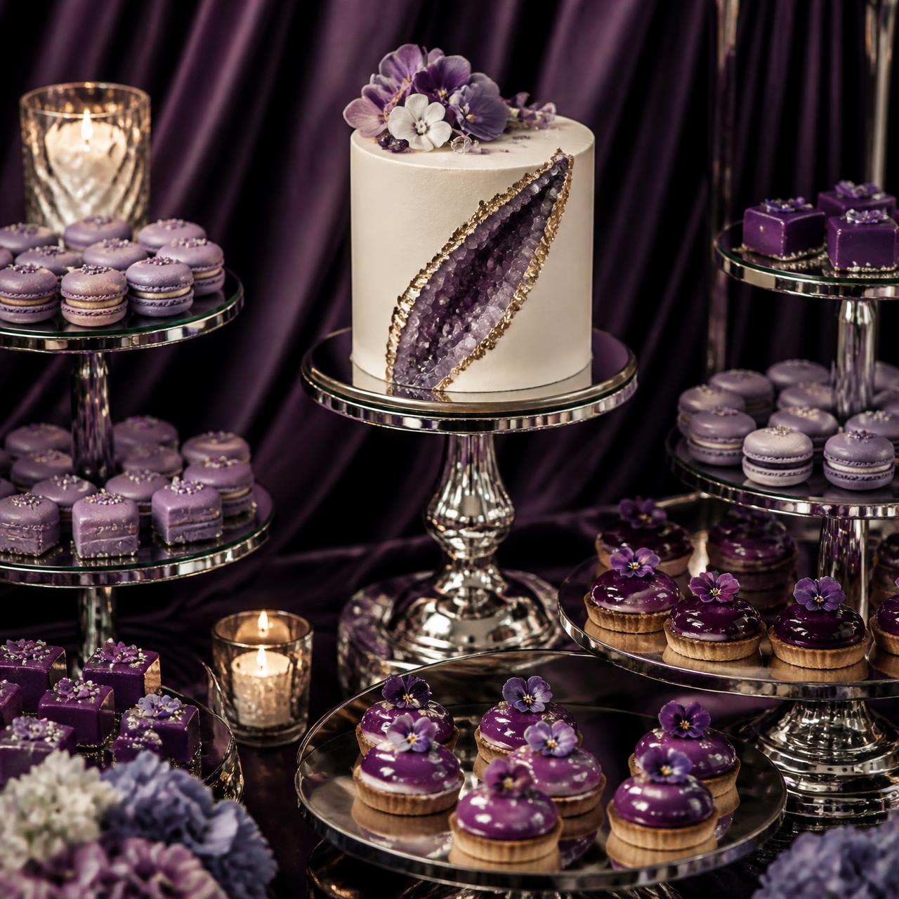 Luxury dessert table with mirrored tiered stands of lavender macarons and violet petit fours