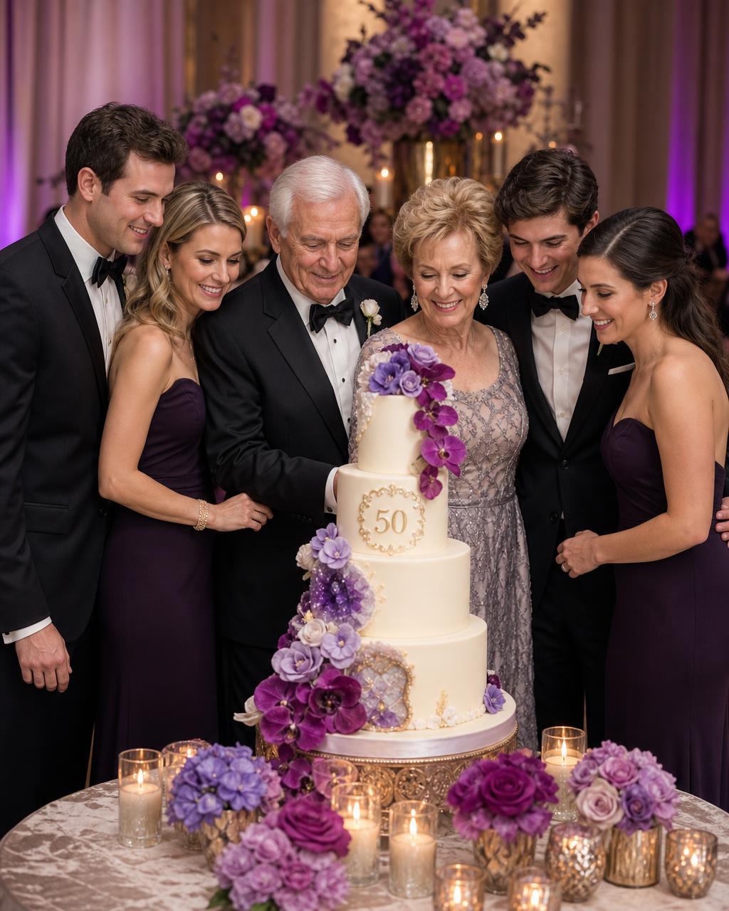 White family celebrating a milestone anniversary around an ivory cake with purple orchids