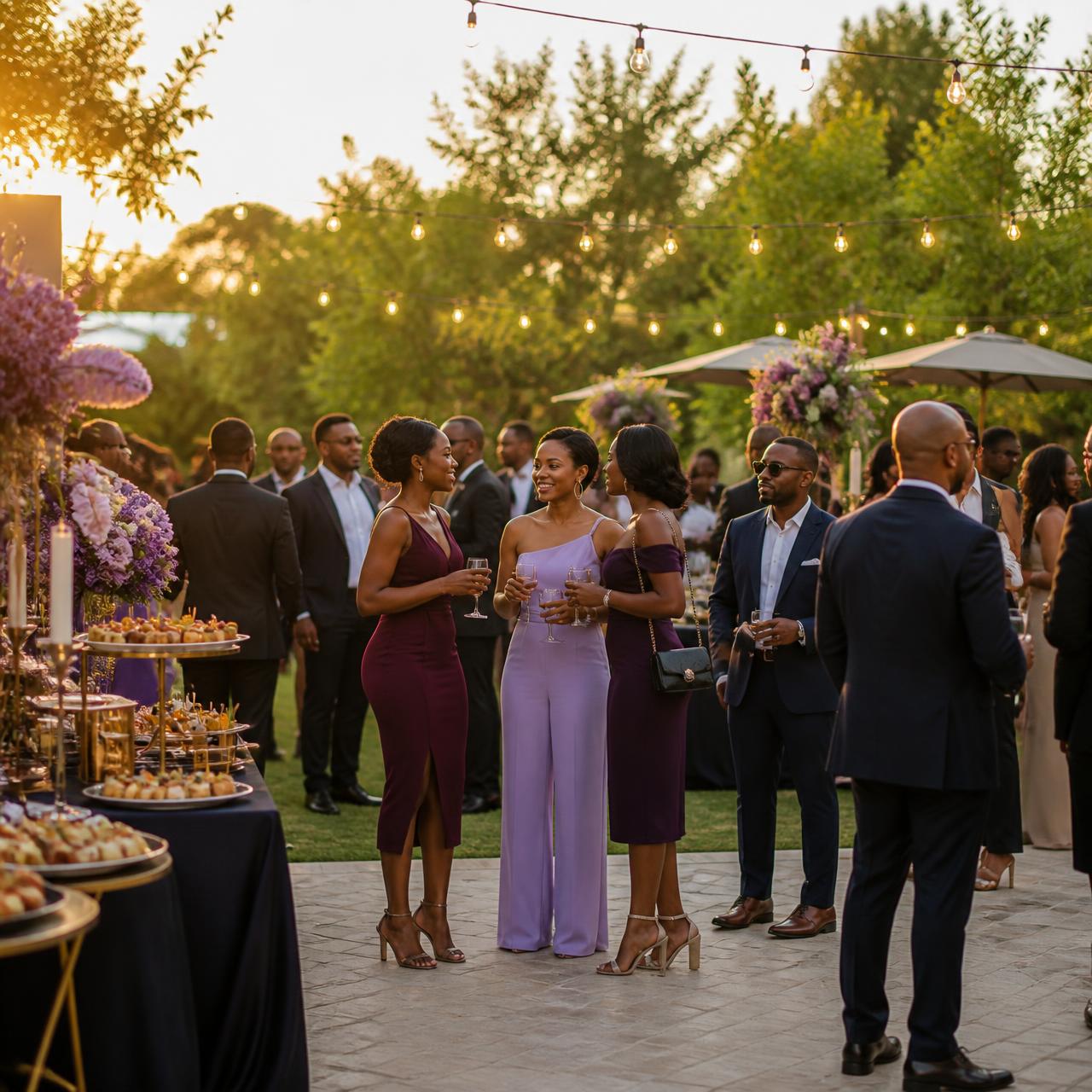 Well-dressed Black guests in cocktail attire mingling under string lights with lavender florals