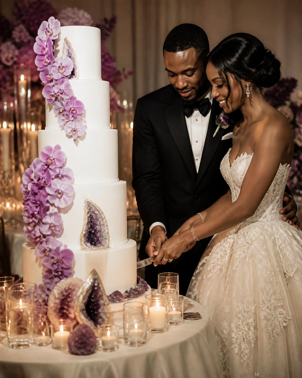 Black couple cutting a tiered ivory wedding cake with purple orchids at a candlelit Charlotte wedding reception