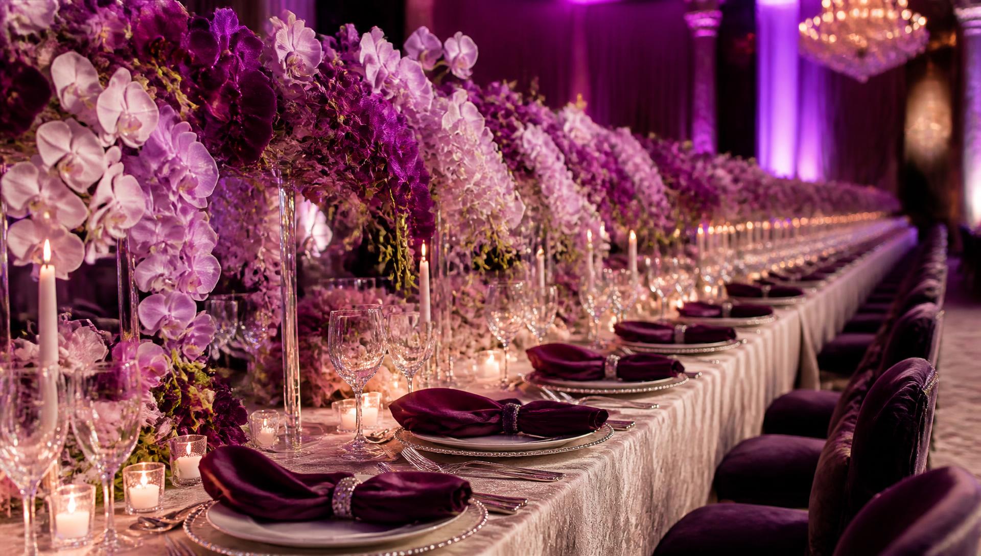 Long banquet table set with ivory linen, plum velvet napkins and cascading purple orchids