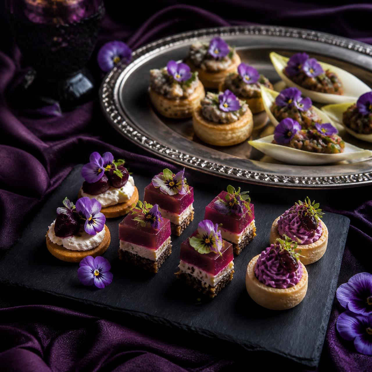 Elegant canapés garnished with edible violets on slate and silver trays at a luxury Charlotte catered event