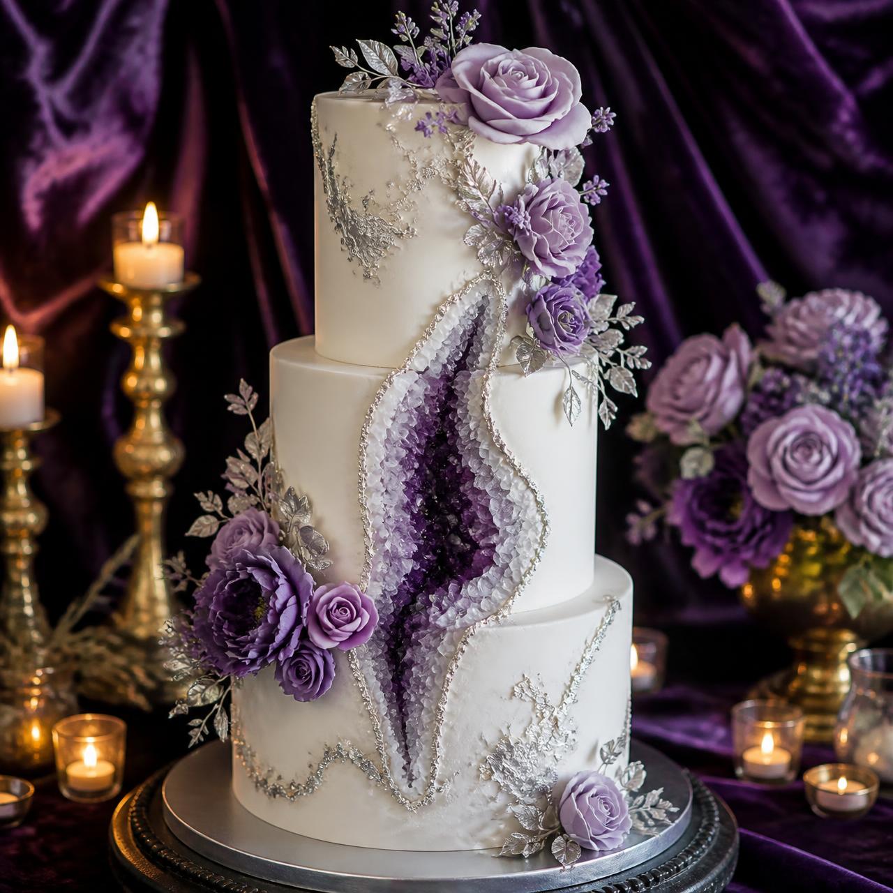 Three-tier ivory wedding cake finished with amethyst geode detail and lavender sugar roses