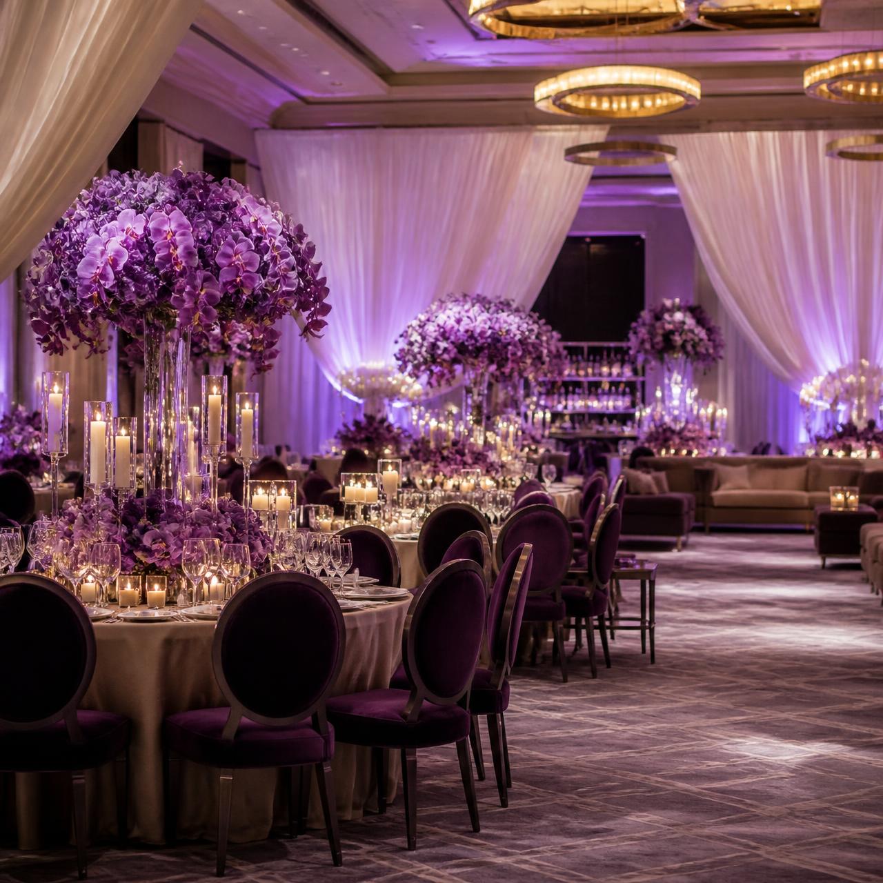 Luxury event space with violet uplighting, lavender orchid centerpieces and plum velvet seating
